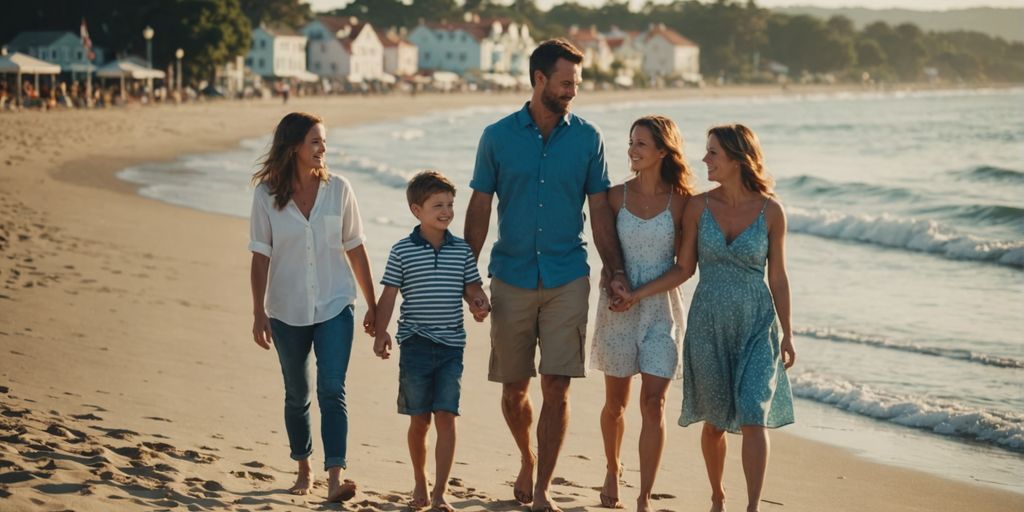 Family playing on sandy beach near ocean waves